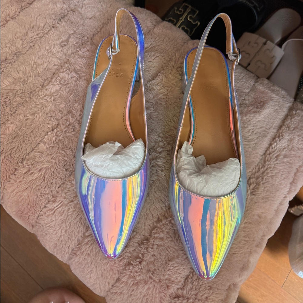Holographic Slingback low block heels